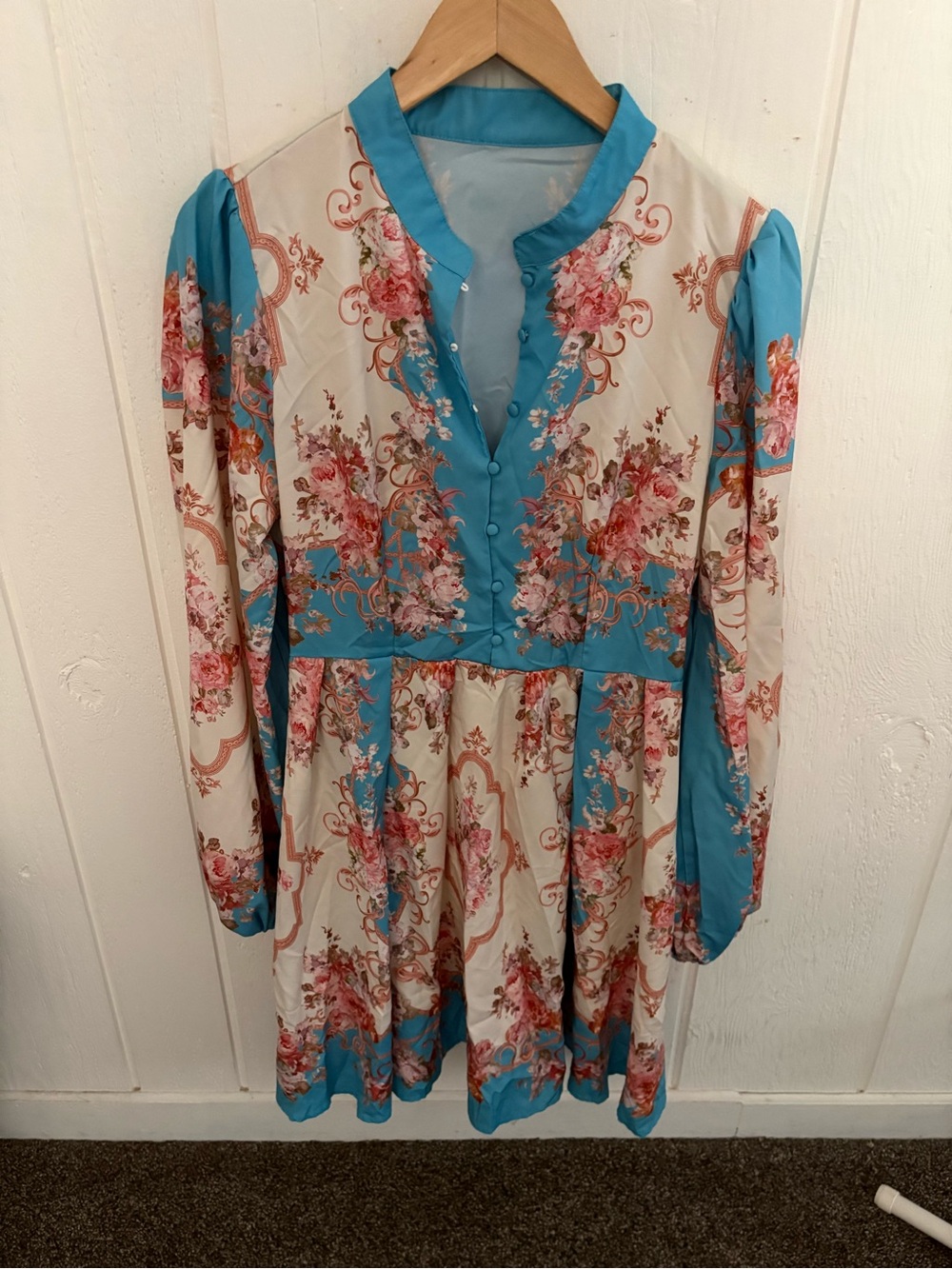 Floral Long Sleeve Button-Front Dress in Turquoise and Cream